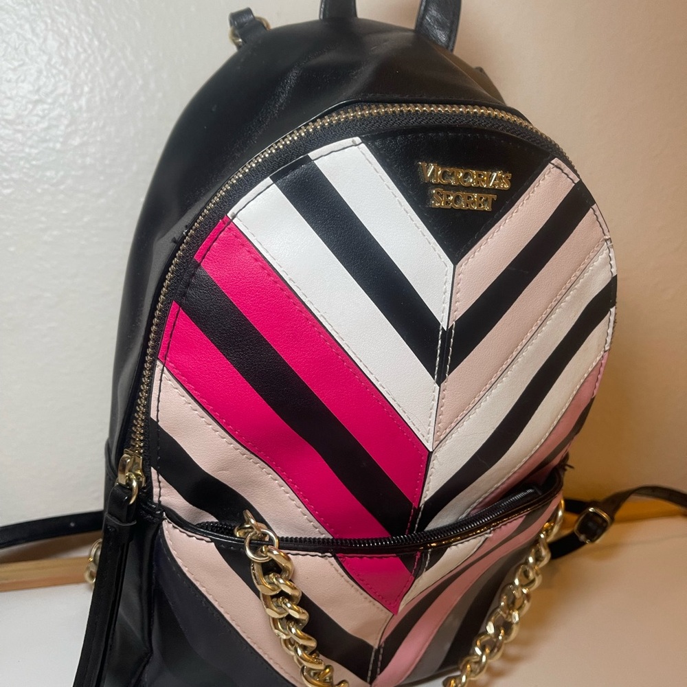 Victoria’s Secret Mini Backpack – Chevron Stripe, Black/ Pink, Chain Detail - Picture 3 of 7